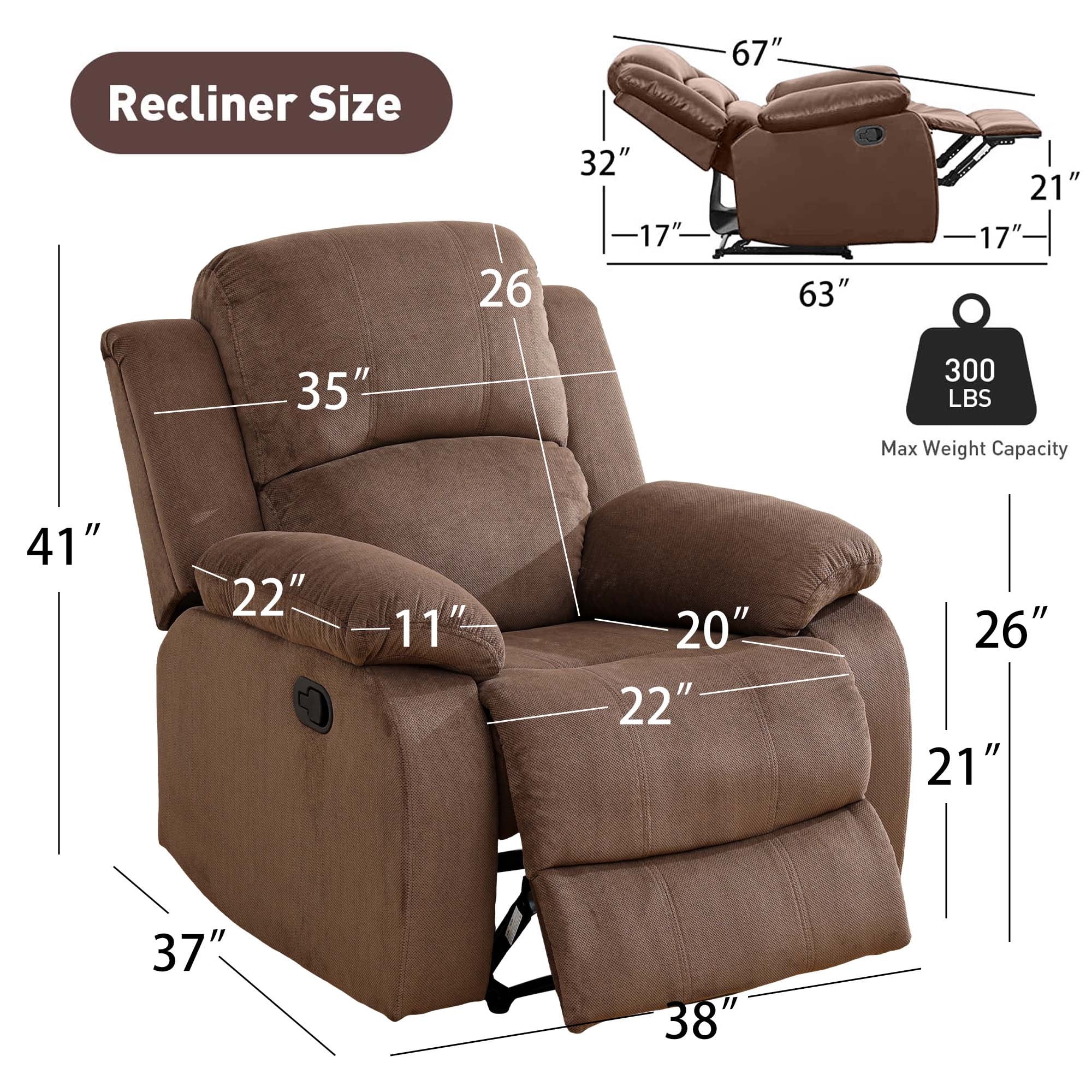 Free Shipping Aukfa 38 Manual Recliner Chair Overstuffed Single Sofa for Living Room Bedroom Corduroy Brown Walmart