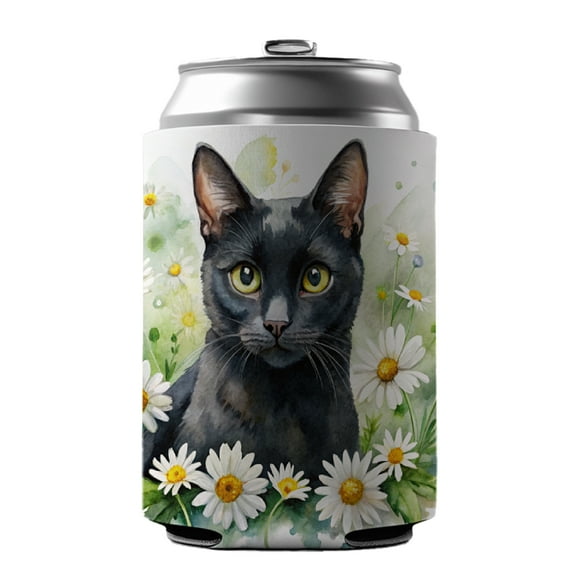 Black Cat Watercolor Design With Daisies Drink Beer Soda Insulated Sleeve Holder Can Cooler Hugger