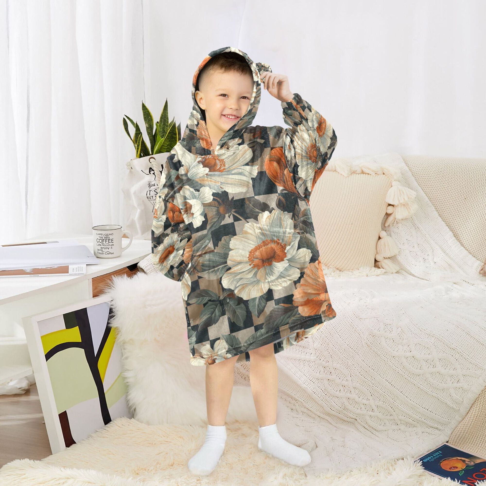 FORMRS Wearable Blanket Hoodie with Sleeves for Kids Cozy Flannel Sweatshirt, Gray Floral Pattern