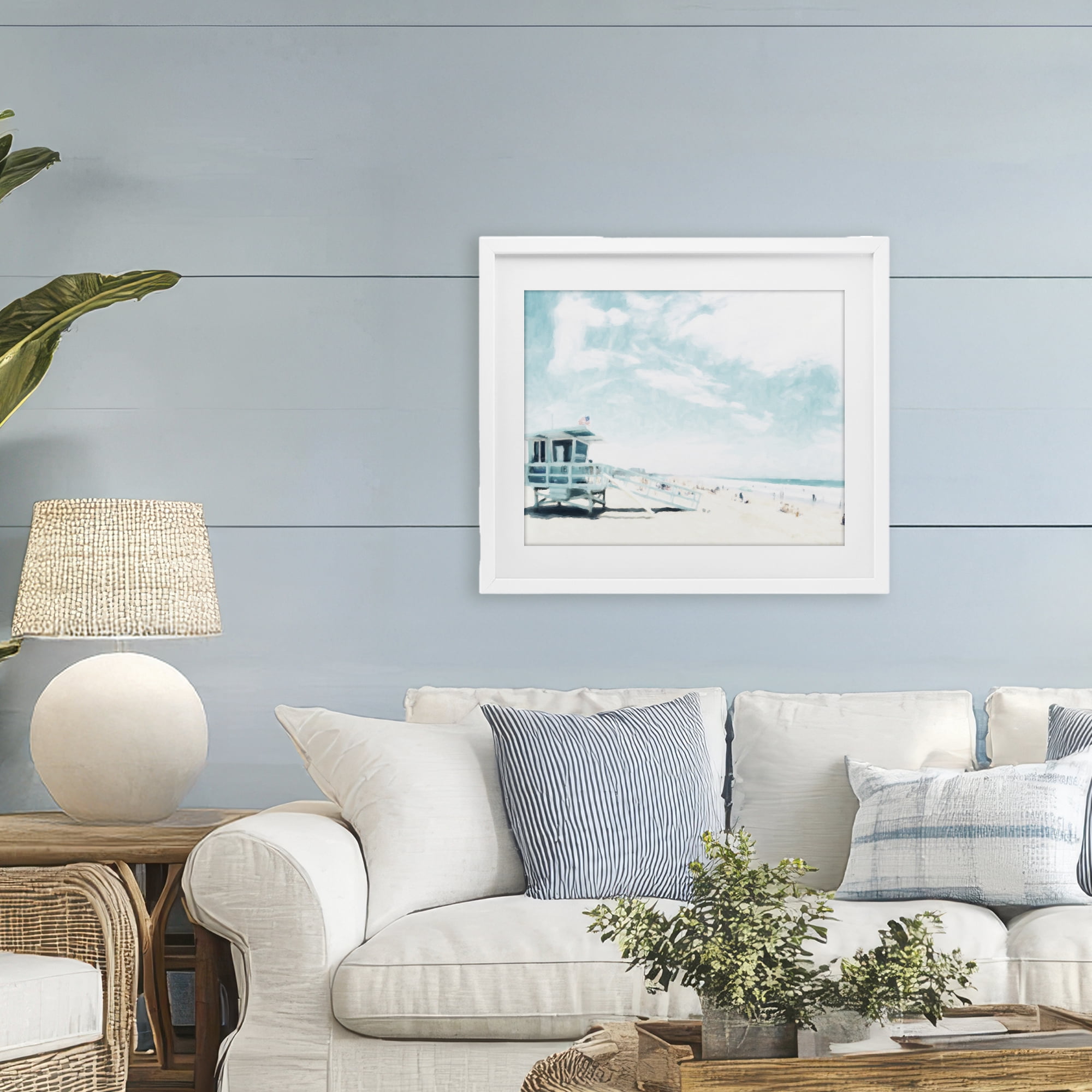 Stupell Industries Blue Beach Station White Framed Print Under Glass, design by Kim Curinga