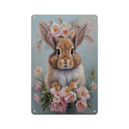 Floral Bunny Meadow Aluminum Sign 8x12 Inches - Metal Nursery Wall Art for Baby Shower Ideas