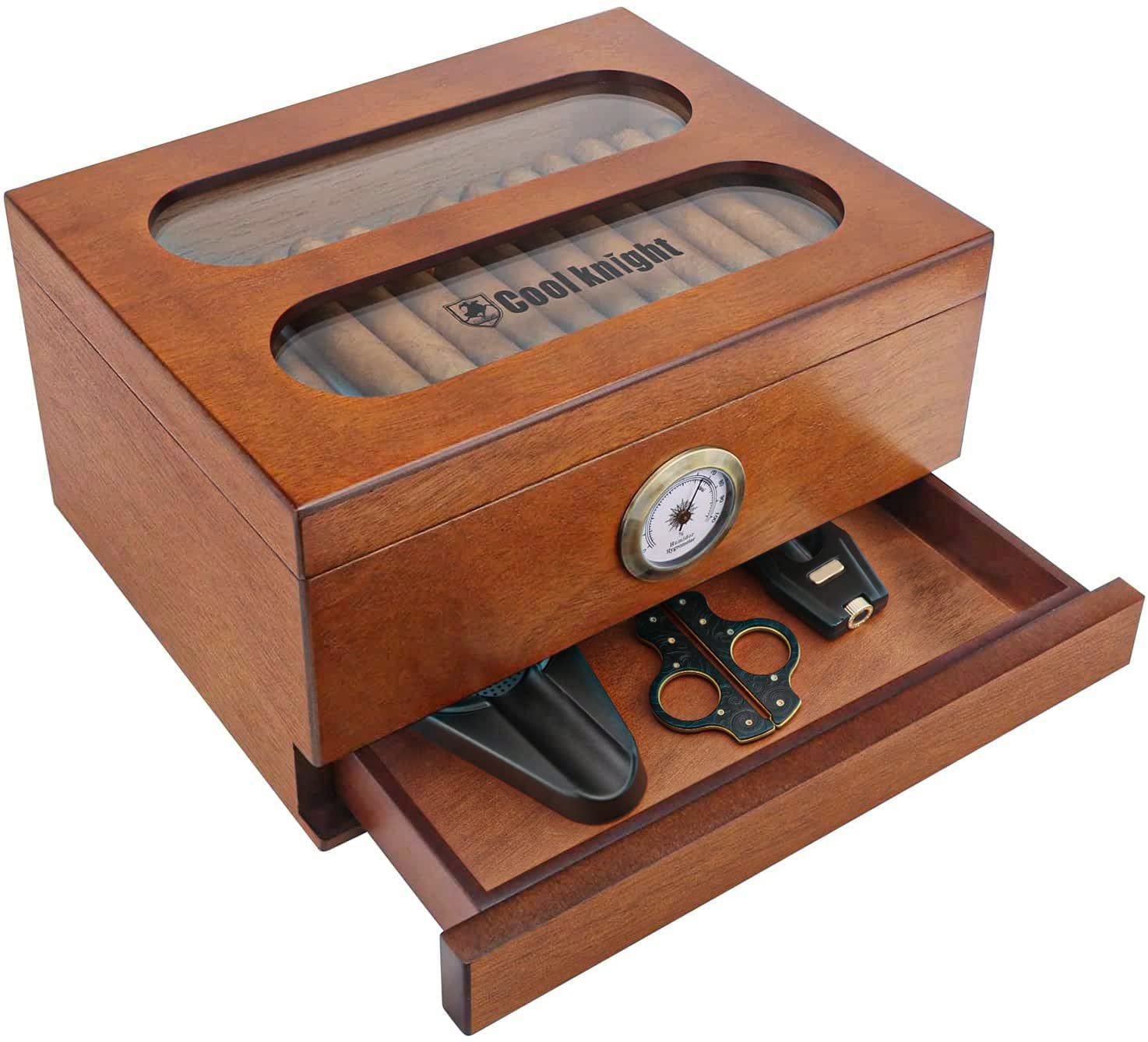 Telamon Cigar Humidor with Front Hygrometer, Humidifier and Accessory