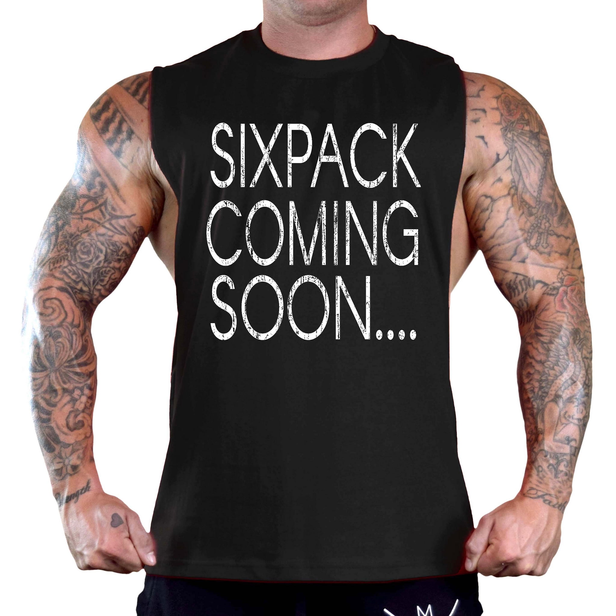 Six Pack Coming Soon Mens Black Stringer Tank Top Black