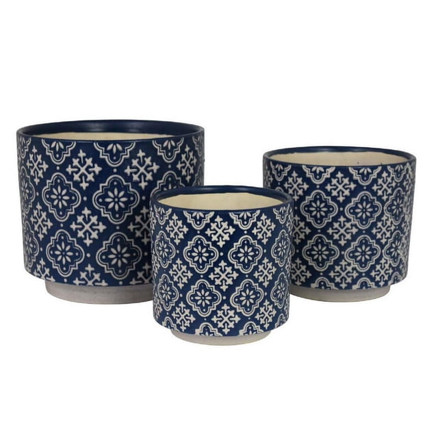 Juego de 3 macetas Benzara de cerámica azul y blanca con estampado floral