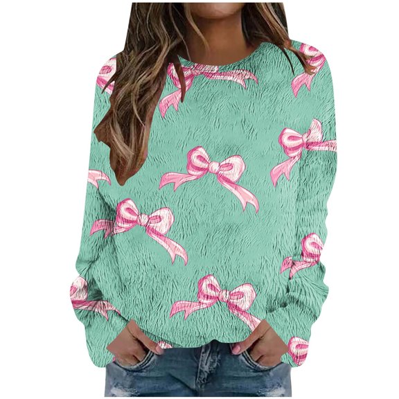 IROINNID Womens Printed Fleece Pullover Top Cozy Casual Long Sleeve Round Neck Off Shoulder Sweater Soft Comfortable Loose Fit Blouse for Home Daily Wear(Green,M)