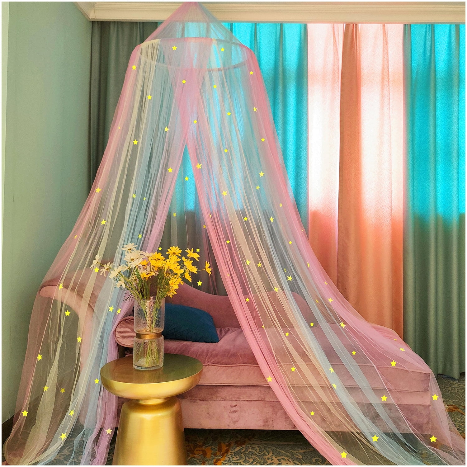 Rainbow bed cover, stars shining in the darkness, suitable for decorating girls' rooms with bed covers (colored mosquito nets with stars)