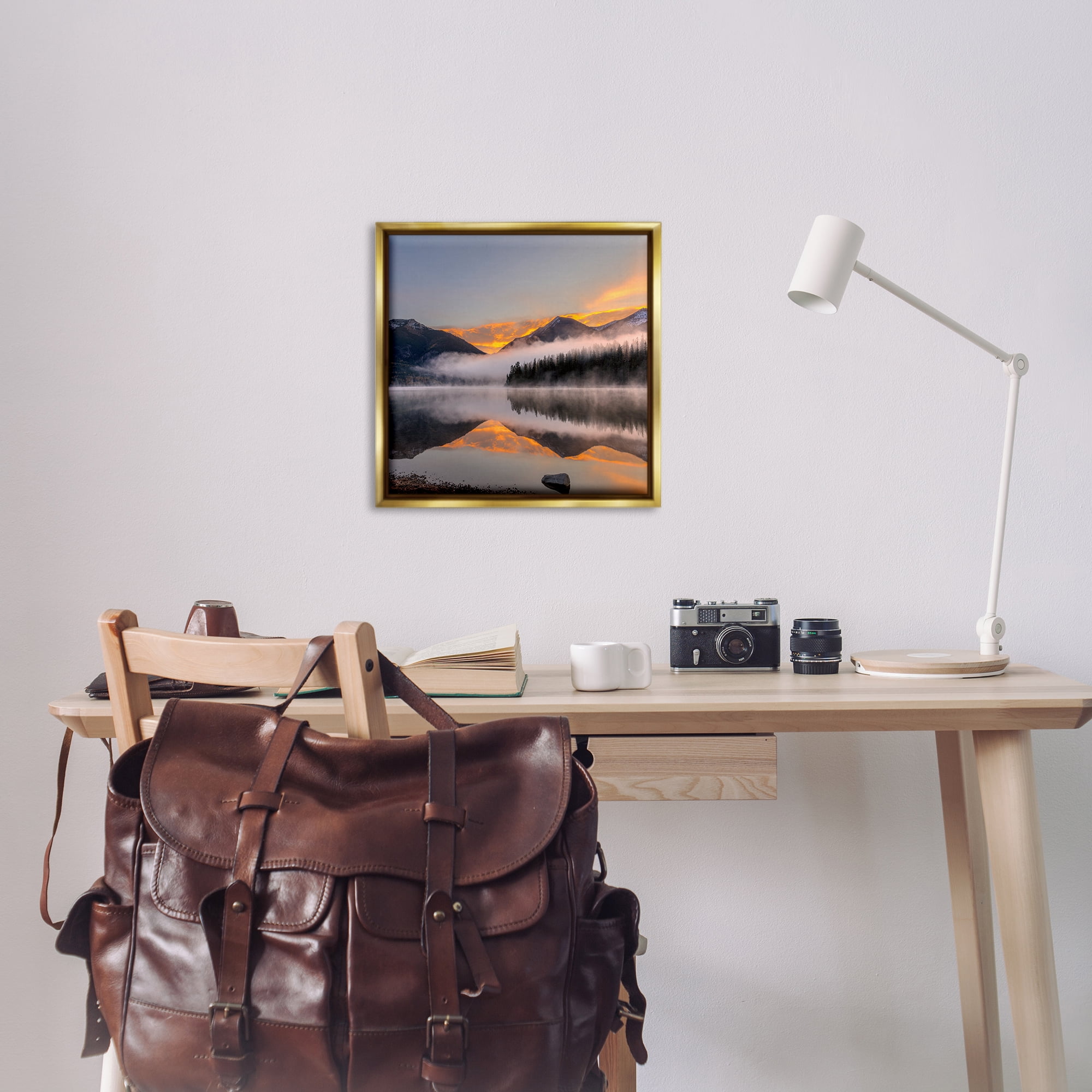 Stupell Industries Orange Sunset Lake Reflection Landscape & Nature Photography Gold Floater Framed Canvas Art Print Wall Art, 25 x 25