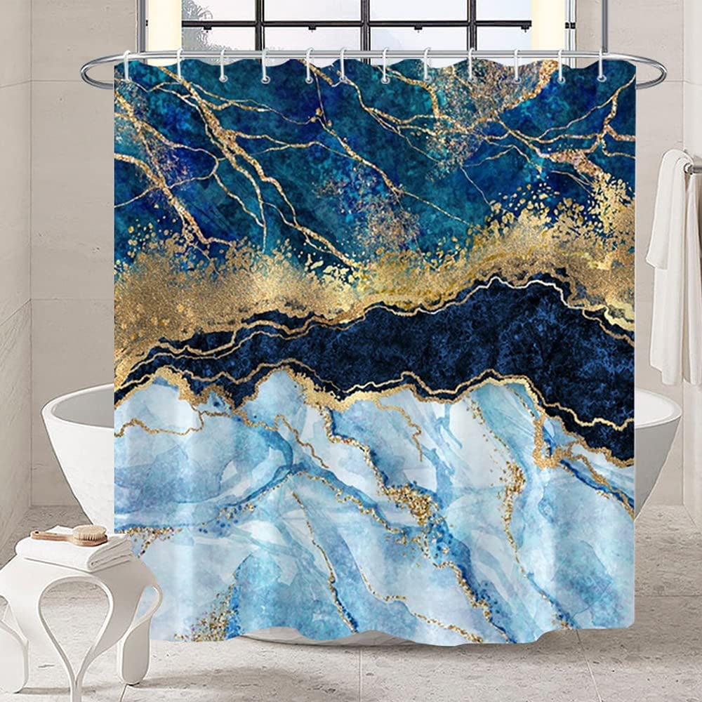 Marble Bathroom Shower Curtain Green Blue Navy Gold Sand Waterproof Fabric Shower Curtains with Hooks Watercolor Abstract Shower Curtains Cloth for Home Bath Decor 72x72 inches
