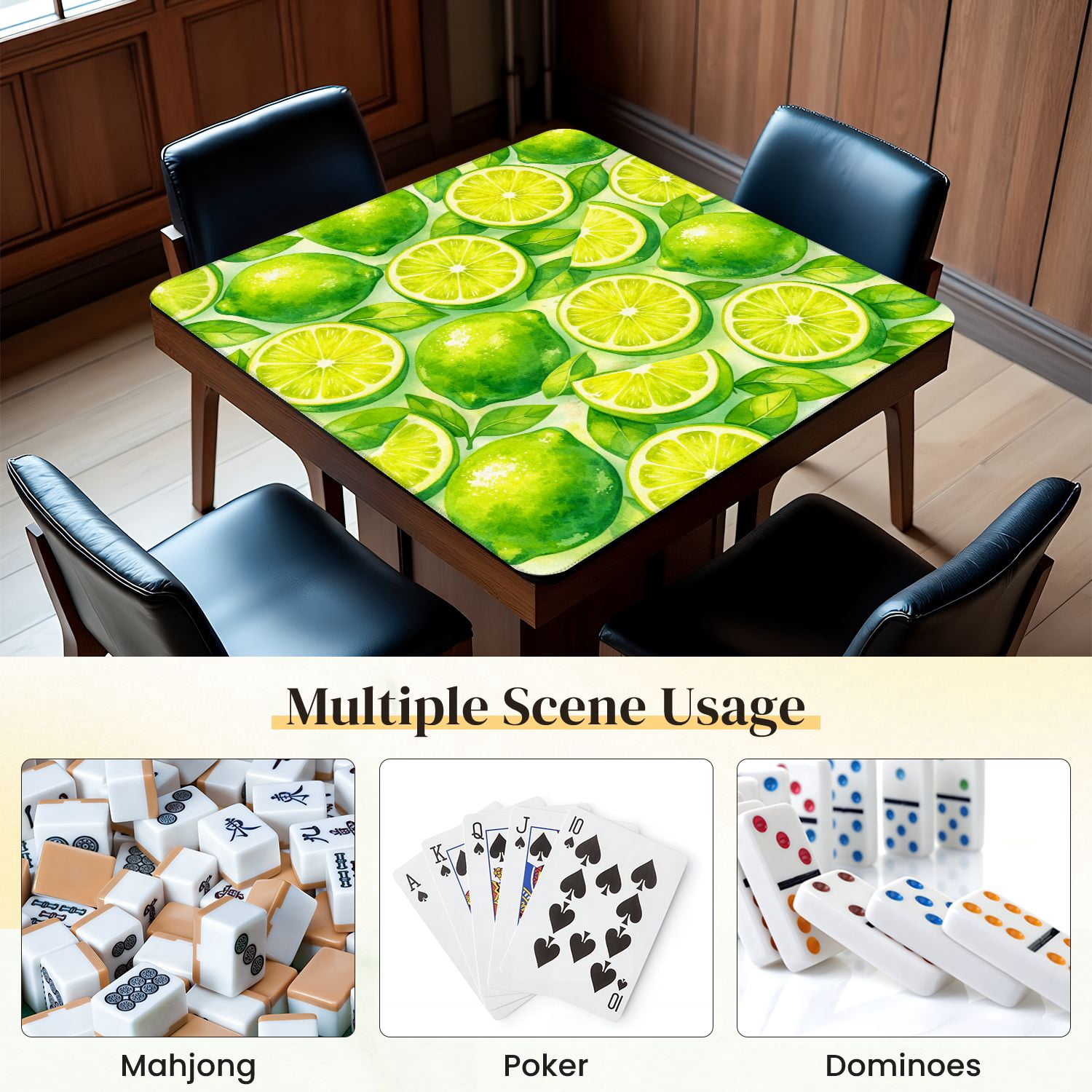 Mahjong Mat 31.5" x 31.5" Fresh Green Lemons Slices Green Leaves Watercolor Anti-Slip and Noise Reduction Symmetry Design Mahjong Tiles Table Cover for Dominoes Poker Card Board and Tile Games