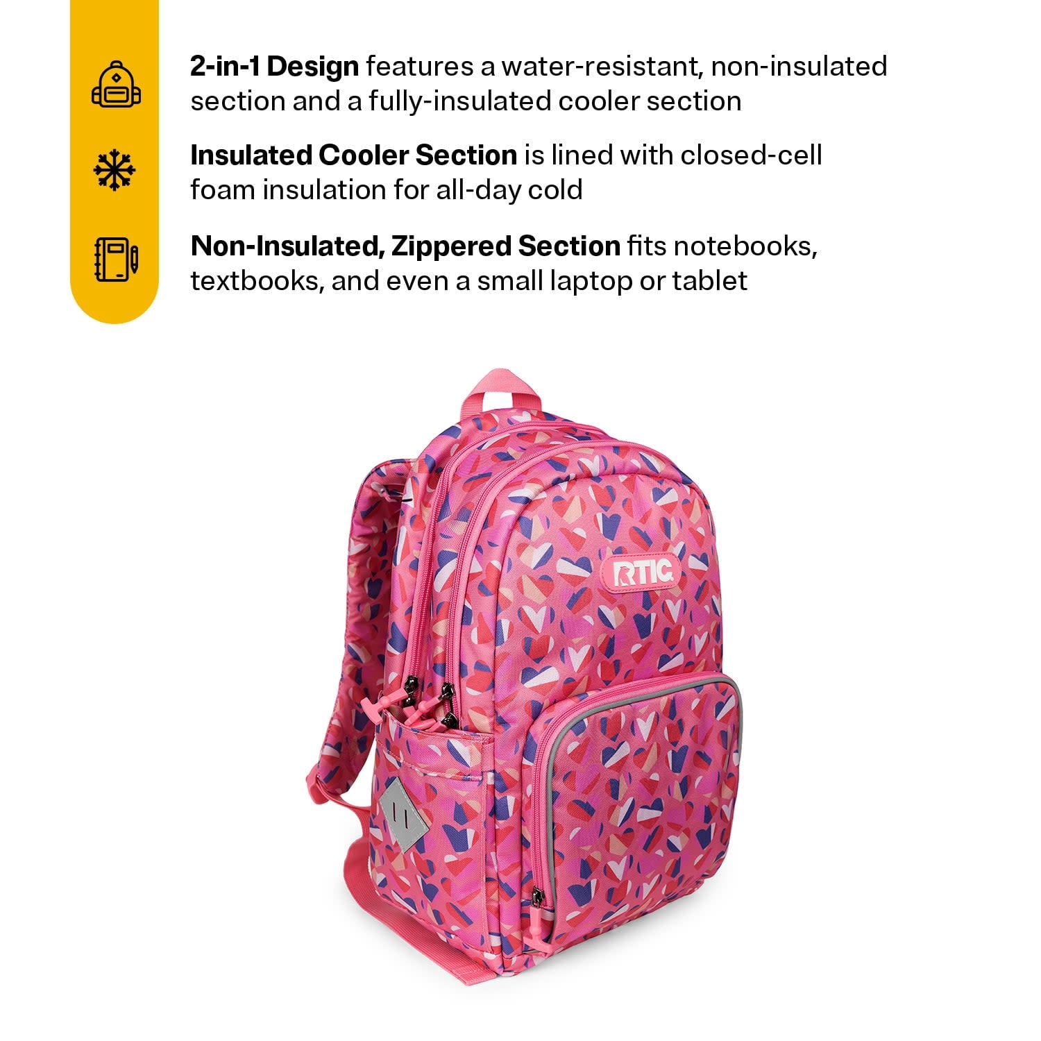 RTIC Pack Snack Set, Day Pack Backpack, Lunch Box, Container, Bottle and Ice Pack, Insulated, Sweet Hearts