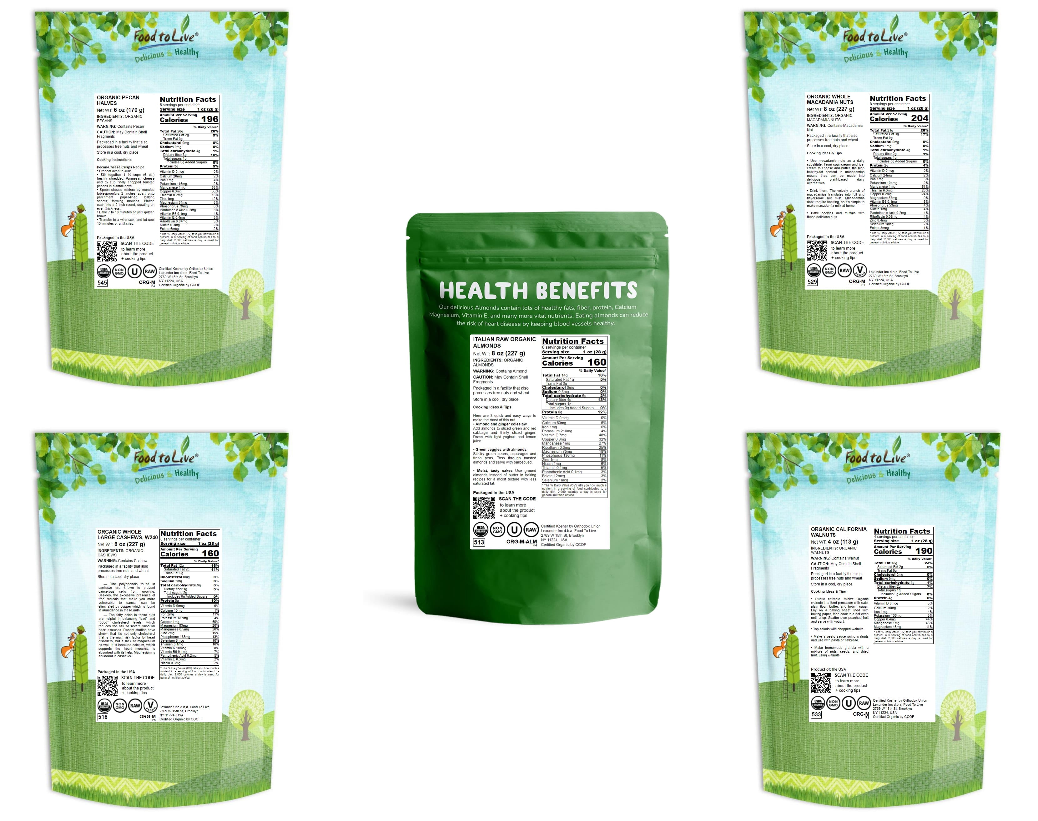 Organic Deluxe Nuts in a Gift Box - A Variety Pack of Pecans, Macadamia Nuts, Cashews, Walnuts and Almonds – by Food to Live