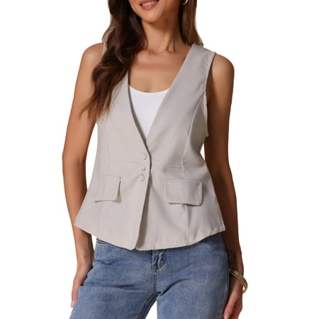 DARING DIVA Womens Linen Vest Loose Sleeveless Blazer Lightweight Jacket XS Beige