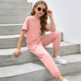 thumbnail image 6 of Ruiwill Girls Outfit Set Solid Color Crew Neck Short Sleeve Casual Comfortable Tops With Pants Set Summer Dailywear Girls Outfit Set Size 11-12 Years Pink, 6 of 6
