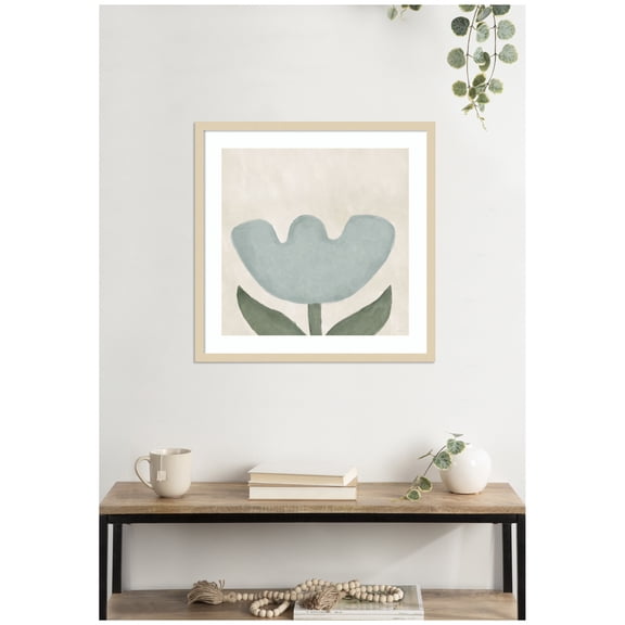 Kate and Laurel Framed Wall Art Print Blue Flower by Gabrielly Guedes, 25 x 25, Svelte Natural Frame, Modern Contemporary, Flower Art for Wall Decor