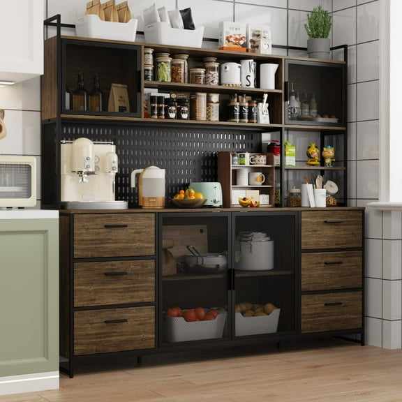 KULAGAGA Kitchen Storage Cabinet with 6 Drawers, Freestanding Buffet Hutch with Pegboard and Mesh Door,Walnut