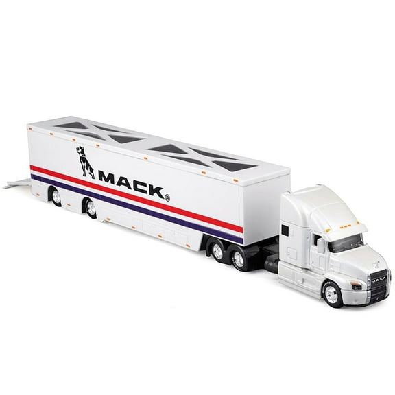 Mack Anthem Enclosed Car Transporter "Mack" White with Red and Blue Stripes "Custom Haulers" Series 1/64 Diecast Model by Maisto