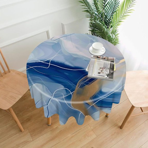 RKSupls 60 Inch Round Tablecloth, Blue Gold Abstract Wave Lines Premium Polyester Straight Edge Wrinkle Resistant Washable Table Cover for Party Home Dining Decor