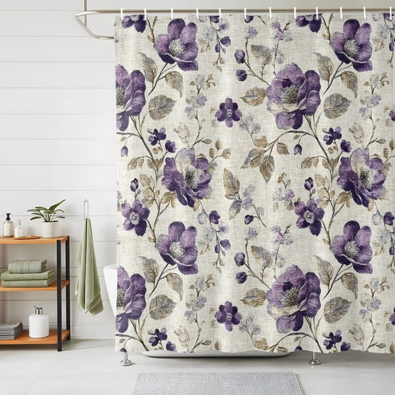 Shower Curtains for Bathroom, Spring Botanical Waterproof Fabric Shower Curtain, Watercolor Purple Floral Leaf Vintage Beige Decorative Bathroom Curtain for Bathtub, 66"x72", No Hooks Included