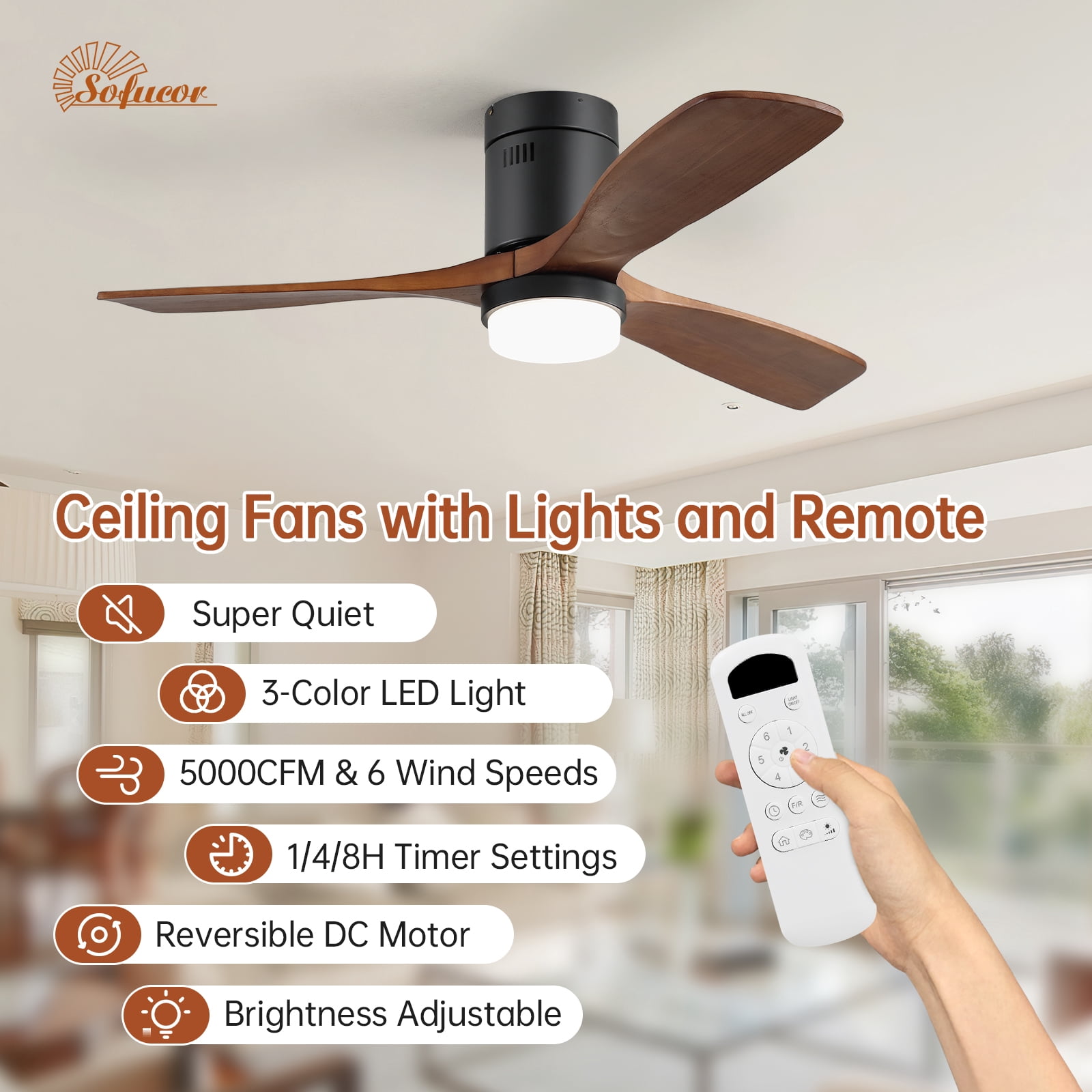 Sofucor 52'' Flush Mount Ceiling Fans with Light and Remote Control, 3 Wood Blades with Reverse Aio Reconditioned