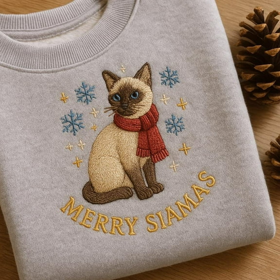 Merry Siamas Embroidered Sweatshirt, Siamese Cat Snowflake Scarf, Cat Mom Winter Gift, Cute Xmas Cat Tee, Blue Eyes Cat Crewneck