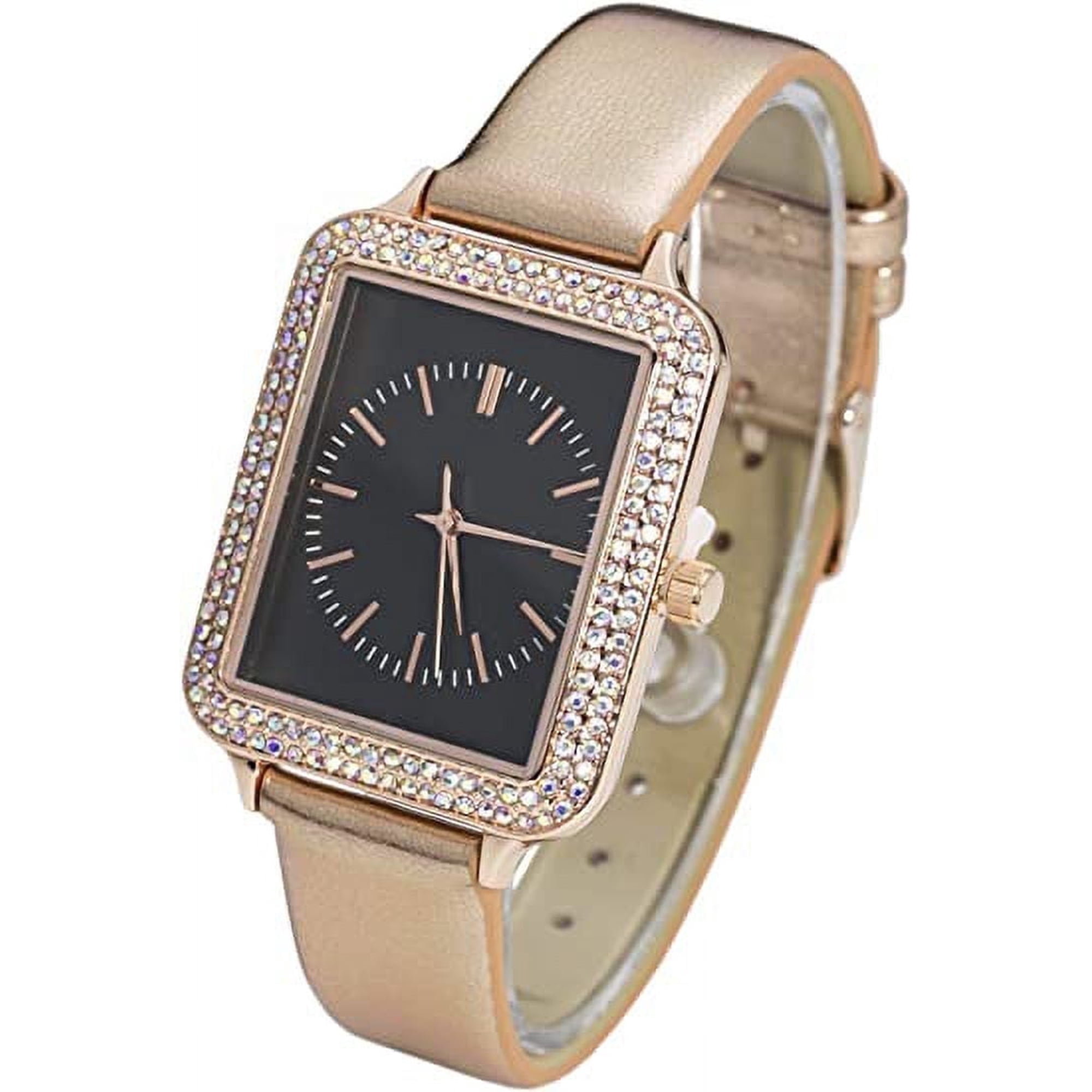 Blekon Collections Japanese Quartz Women's 34mm Rectangular Case Rhinestone Bezel Glossy Textured Leather Strap Watch