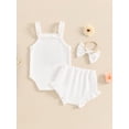 thumbnail image 4 of SUNSIOM Newborn Girl Summer Outfits Waffle Flower Embroidered Sleeveless Romper Ruffles Shorts Headband Set, 4 of 7