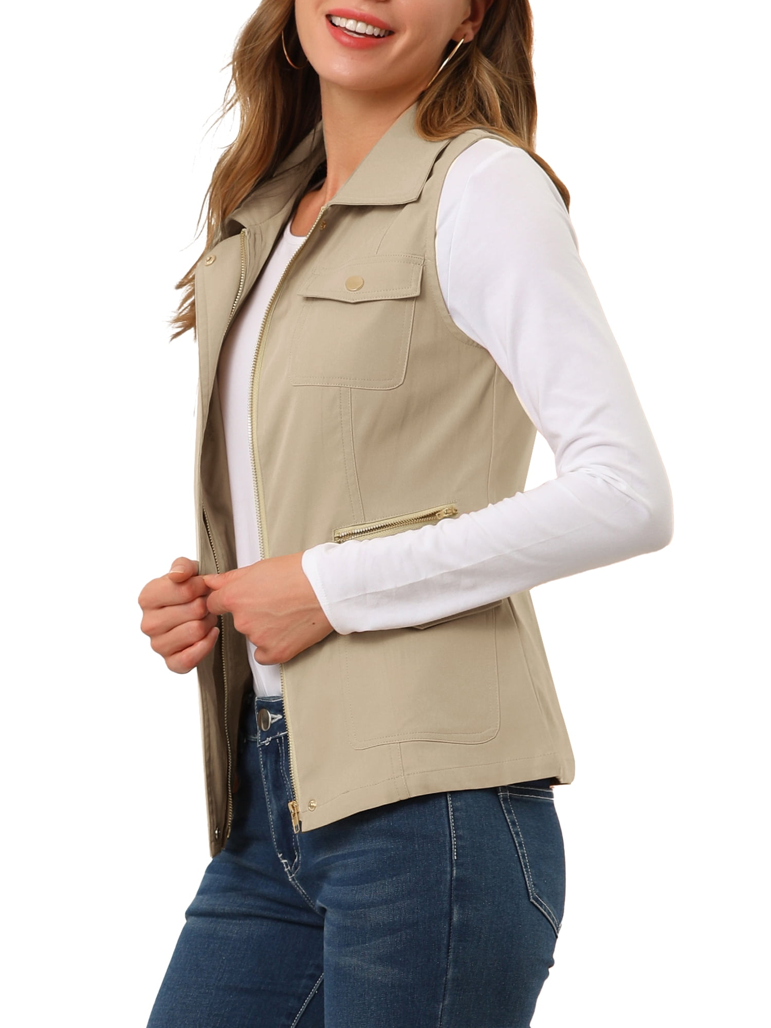 DARING DIVA Women's Travel Vest with Pockets Sleeveless Cargo Utility Vest M Khaki