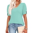 thumbnail image 2 of Womens Tops Short Sleeve Shirts Buttons V Neck Spring Fashion Summer Outfits Plus Size Dressy Casual Blouses Cyan S, 2 of 5