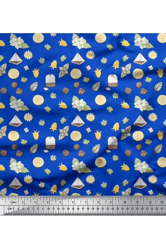 Blue Cotton Jersey Fabric Tea Bag,Star Anise & Lemon Slice Vegetable Fabric Prints By Yard 58 Inch Wide