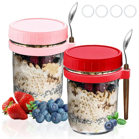 FORHVIPS Overnight Oats Containers Jars with Lids And Spoon 16 oz Glass Mason Jars for Overnight Oats 2 Pack Large Sealed Oatmeal Container for Yogurt, Milk, Salad, Cereal, Fruit