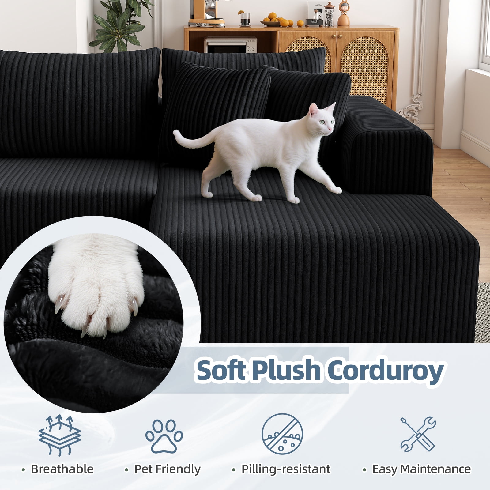 132''Modular Boneless Couches for Living Room, Corduroy Deep Seat Sofa with 2 Chaise Lounges and 1 Loveseat