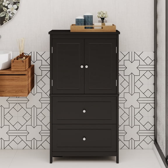 Bathroom Storage Cabinet, Cabinet with Two Doors and Drawers, Adjustable Shelf, MDF Board, Black