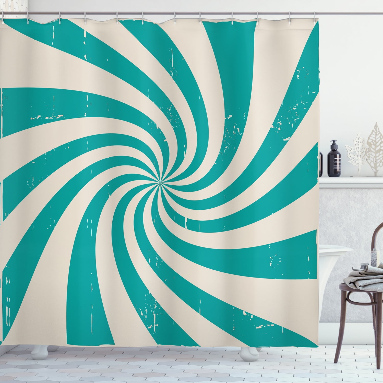 Retro Shower Curtain, Pop Art Stylized Nostalgic Spiral Colors Background Turning Stripes