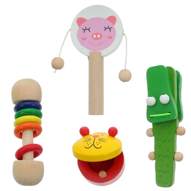 Guangmc 4 piezas de instrumentos musicales para niños, castañuelas para dedos, sonajeros, tambores, juguetes de madera para badajos