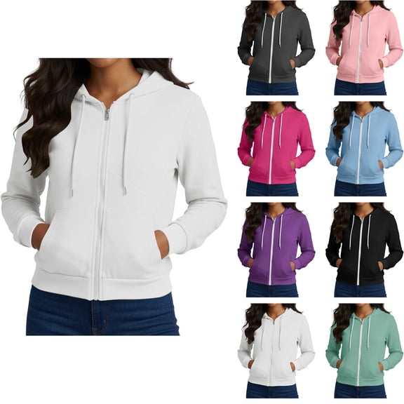 Zip up Hoodie WomenZaewscy Women's Casual Loose Color Pocket Long-sleeved Zipper Hooded Sweater Jacket Top White XXL