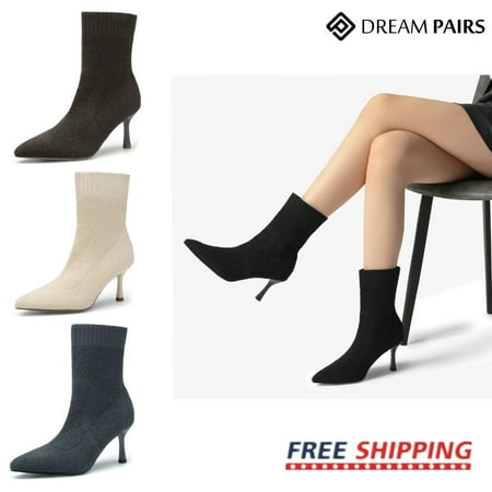 

Women‘s Slip On Ankle Booties Pointed Toe Stiletto Mid Heel Knit Sock Boots