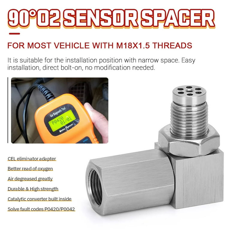 Stainless Steel Oxygen O2 Sensor CEL Eliminator Light 90° Adapter Mini  Catalytic Convertor M18X1.5 Socket Plug 