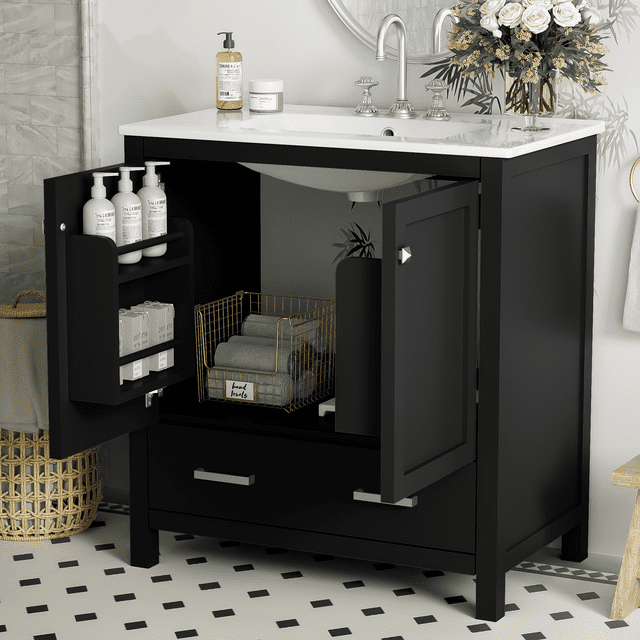 30" Bathroom Vanity with Single Sink, Combo Cabinet Undermount Multifunctional Storage Cabinet Soft Closing, Solid Wood Frame
