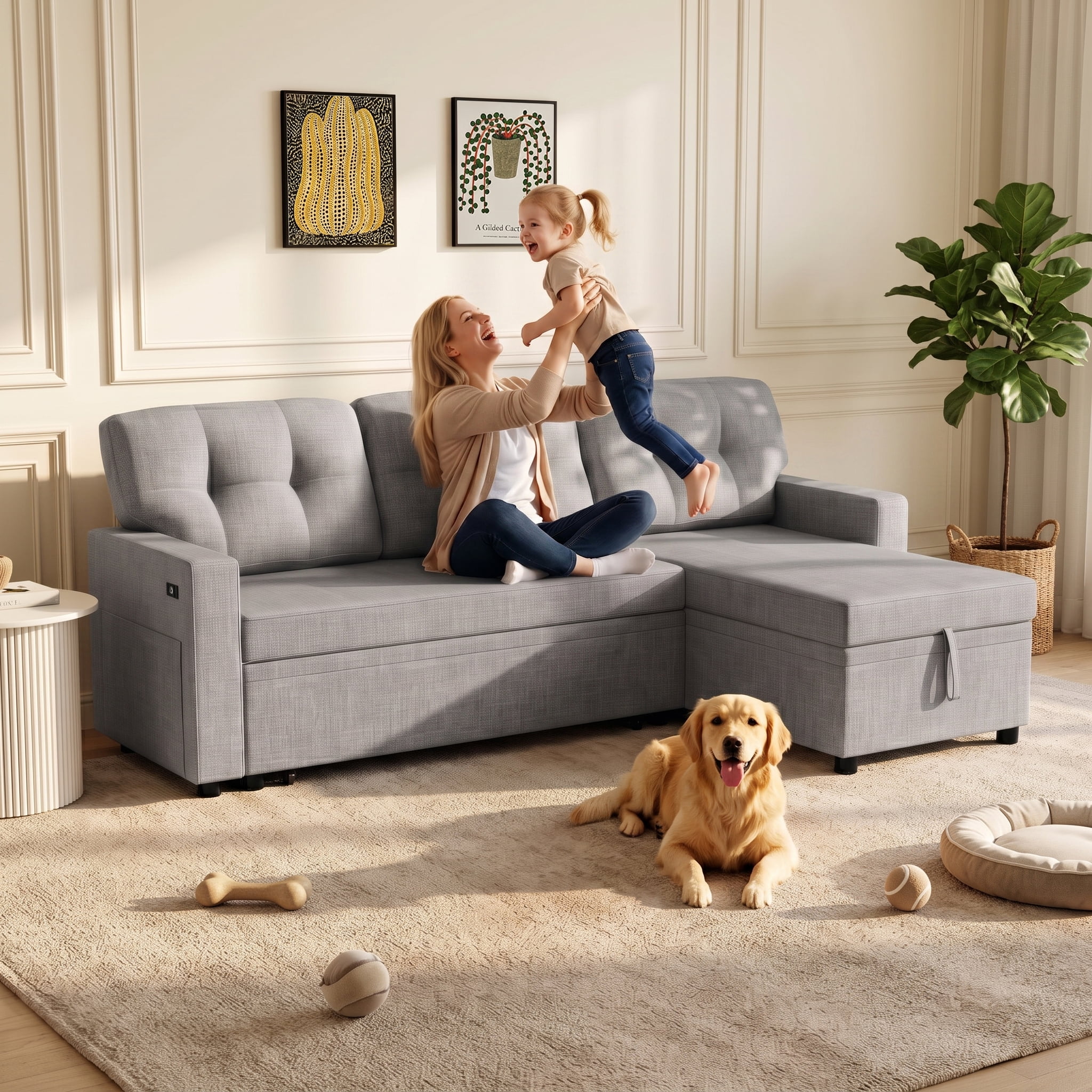 avobird 82" L Shaped Sleeper Sofa Bed, 3-Seat Convertible Sectional Couches with Storage Chaise, Linen Fabric Pull Out Couch for Living Rooms, Apartment, Light Gray