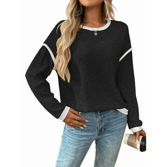 Women'S 2025 Fall Crew Neck Long Sleeve Oversized Color Block Sweaters Ribbed Knit Side Slit Pullover Black & Gray M