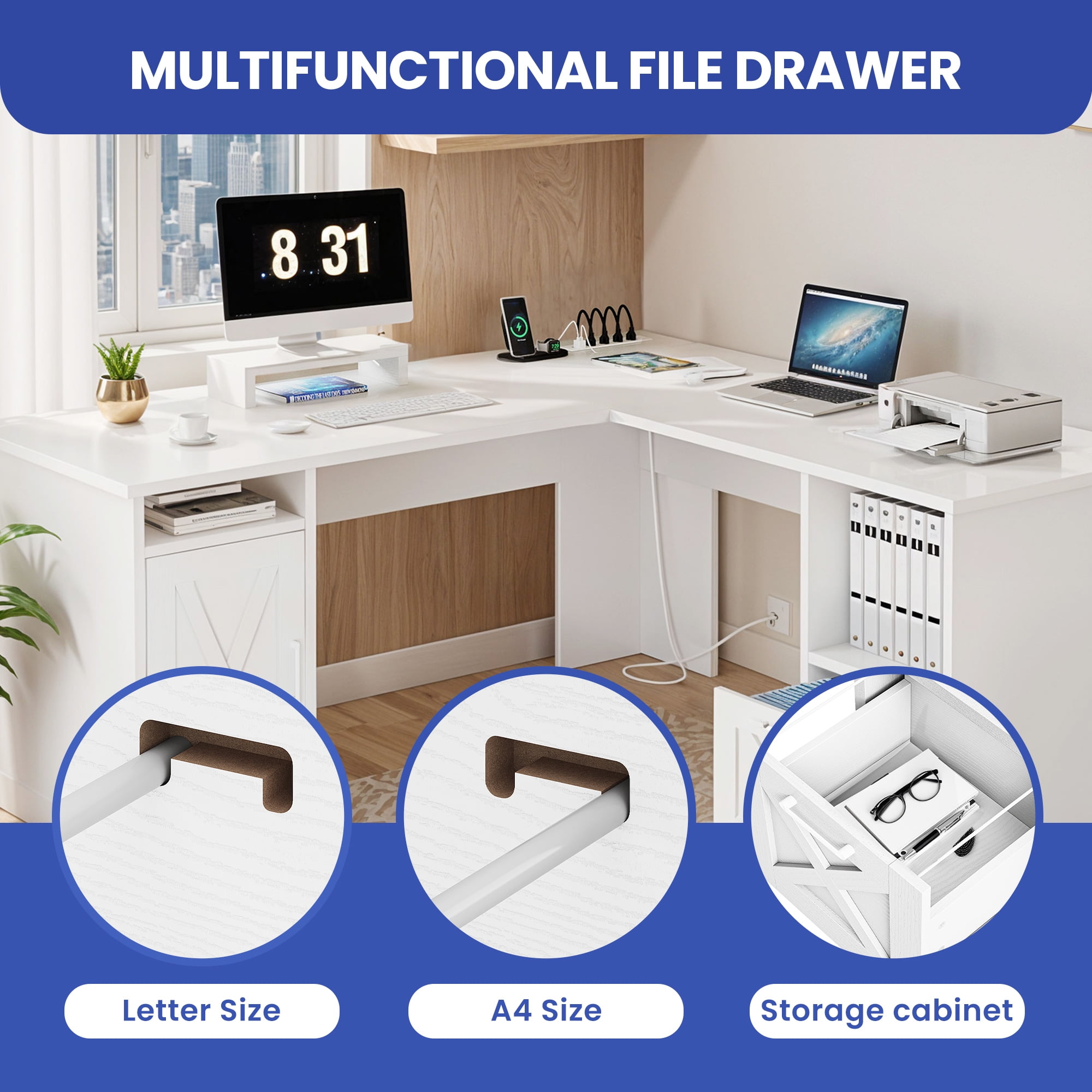 ModFusion 59 Inch L Shaped Corner Computer Desk with Power Outlets & USB Ports, Office Desk with File Drawer, Monitor Stand & Storage Shelves, White