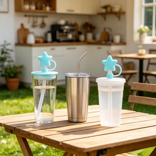 Tapa de silicona para pajita con forma de estrella, a prueba de polvo, a prueba de fugas, reutilizable y flexible para vasos y botellas de agua. Apta para lavavajillas.