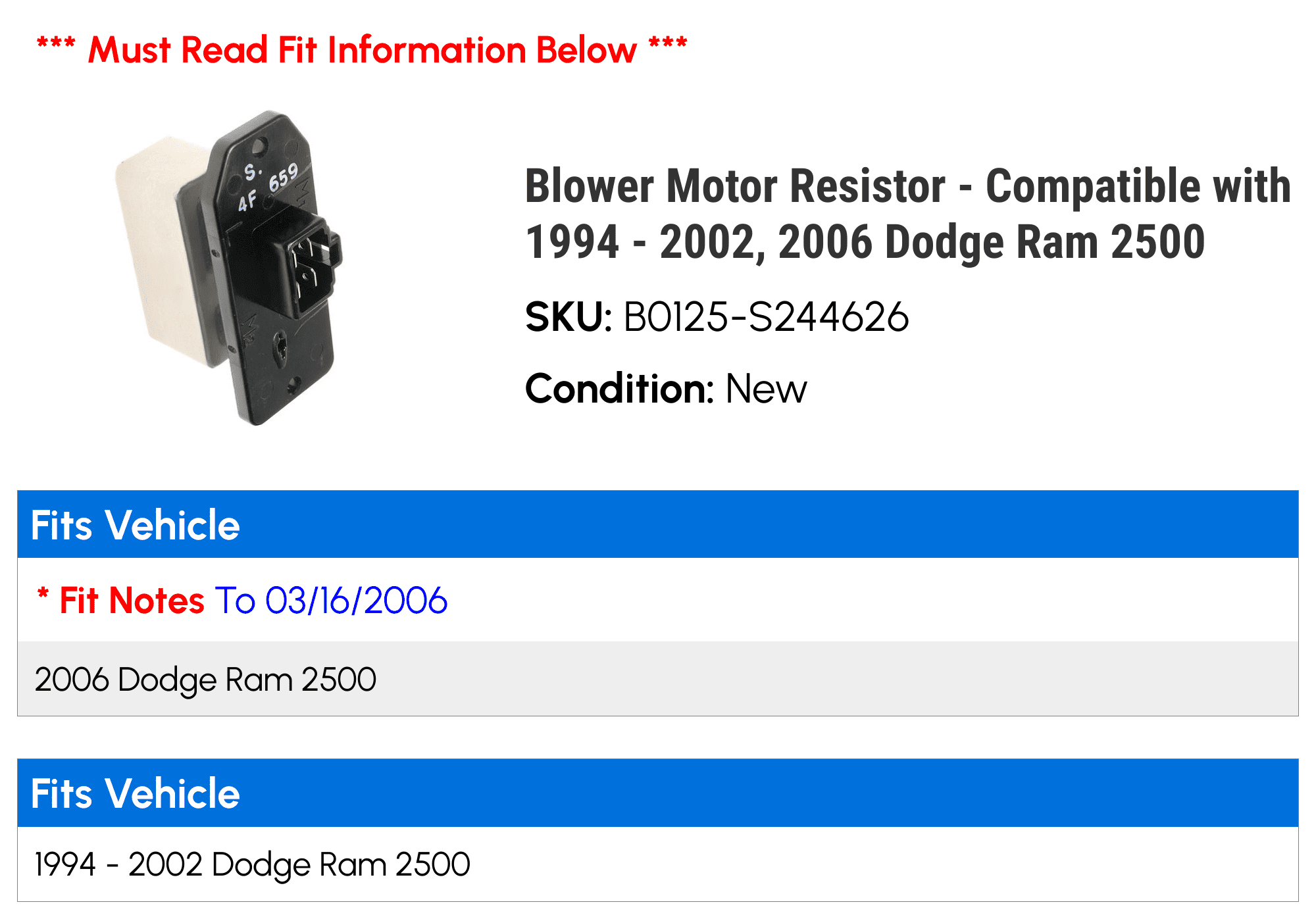 Blower Motor Resistor - Compatible with 1994 - 2002, 2006 Dodge Ram 2500 1995 1996 1997 1998 1999 2000 2001