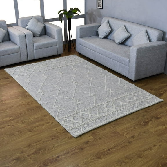 Rugsotic Carpets Hand Woven Flat Weave Kilim Wool & Cotton Eco-Friendly Area Rugs- 5'X7'6'', Rectangle, White Blue, Contemporary Design, Low Pile Handmade Area Rugs For Living Room, Bed Room (Dwc001)