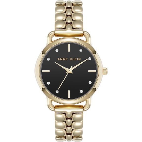 Anne Klein Gold-Tone Black Dial Crystal Accented Link Bracelet Ladies Watch