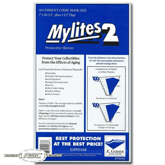 50 - Mylites 2 Current 2-Mil Mylar Comic Book Bags by E. Gerber (700M2)