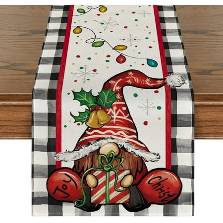 

Buffalo Plaid Gnome Christmas Table Runner Seasonal Gifts Joy Christmas Kitchen Dining Table Decoration for Outdoor Home Party 13x72 Inch