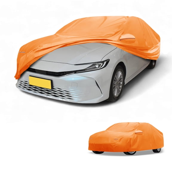 Unique Bargains Car Cover Waterproof All Weather Automotive Outdoor Anti-UV Sun Rain Protection Full Exterior Cover for Toyota Camry Aluminum Film Cotton Orange with Reflective Strips