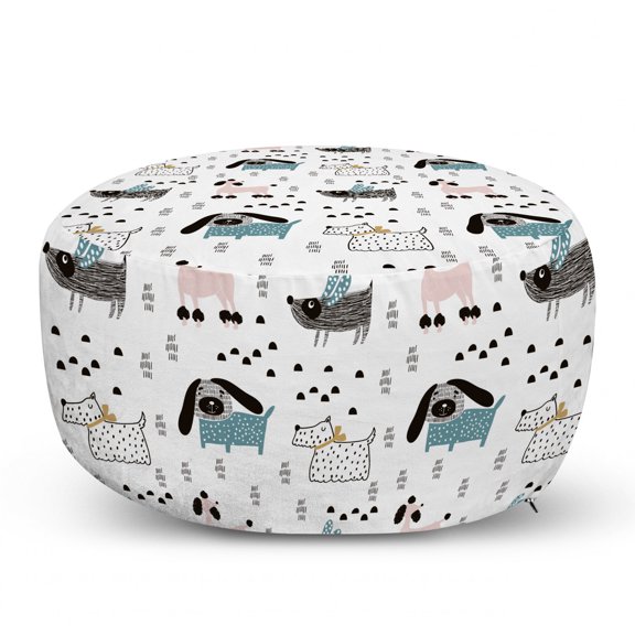 Dogs Pouf Cover with Zipper, Scandinavian Style Art Pattern Sketchy Doodled Canine Animals Composition, Soft Decorative Fabric Unstuffed Case, 30" W X 17.3" L, Multicolor, by Ambesonne