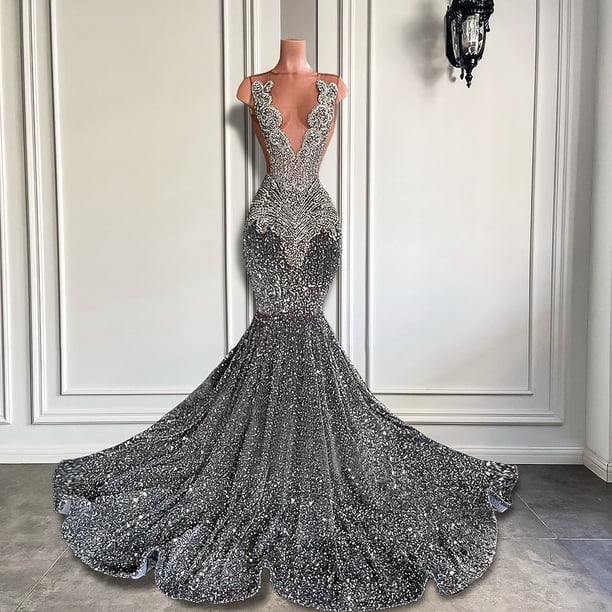 Sexy Long Sparkly Prom Dresses 2023 Sheer O-neck Luxury Silver Crystals Diamond Sequin Mermaid Black Girl Prom Party Gowns12 Gao Jinjia LED